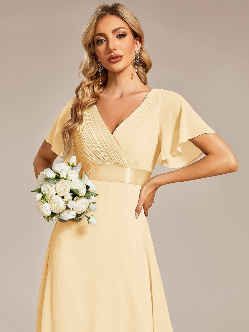 ever MONICA|Long Empire Waist Bridesmaid Dress with Short Flutter Sleeves