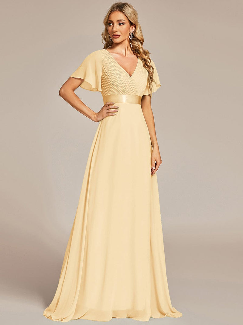 ever MONICA|Long Empire Waist Bridesmaid Dress with Short Flutter Sleeves