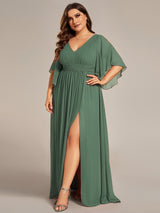ever ELYAN|Half Sleeve V-Neck Pleated High Slit A-Line Chiffon Bridesmaid Dress