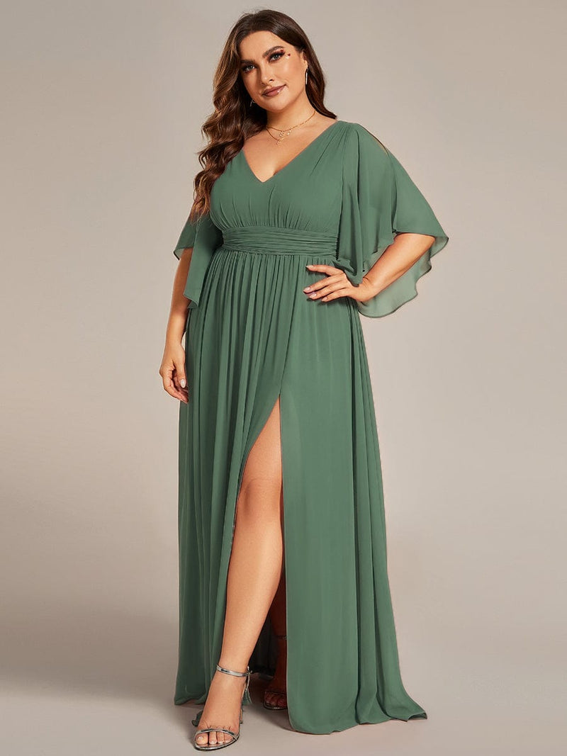 ever ELYAN|Half Sleeve V-Neck Pleated High Slit A-Line Chiffon Bridesmaid Dress