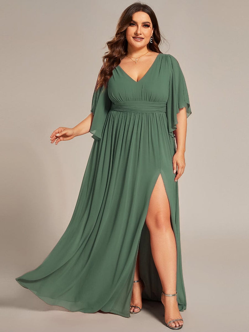 ever ELYAN|Half Sleeve V-Neck Pleated High Slit A-Line Chiffon Bridesmaid Dress