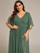 ever ELYAN|Half Sleeve V-Neck Pleated High Slit A-Line Chiffon Bridesmaid Dress