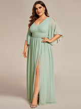 pretty ELYAN|Plus Size Half Sleeve Pleated A-Line V-Neck Chiffon Bridesmaid Dress
