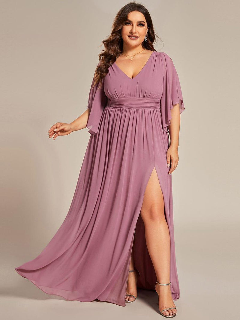 ever ELYAN|Half Sleeve V-Neck Pleated High Slit A-Line Chiffon Bridesmaid Dress