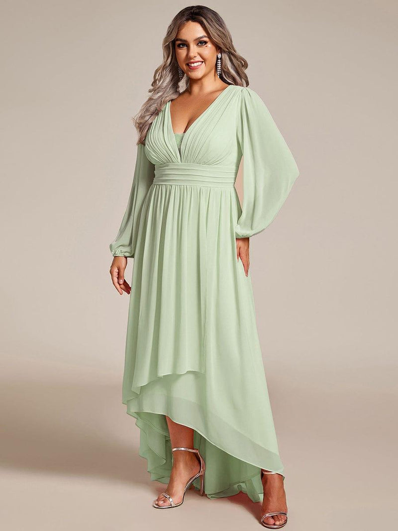 pretty GRIFFIN|Plus Size V-Neck Long Lantern Sleeves A-Line Chiffon Bridesmaid Dress