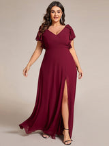 ever ROSY|Short Sleeves with Bowknot High Front Slit A-Line Chiffon Bridesmaid Dress