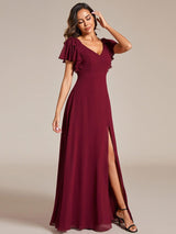 ever ROSY|Short Sleeves with Bowknot High Front Slit A-Line Chiffon Bridesmaid Dress