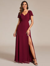 ever ROSY|Short Sleeves with Bowknot High Front Slit A-Line Chiffon Bridesmaid Dress