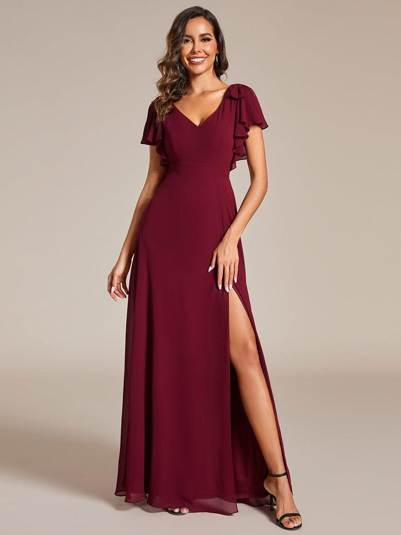 ever ROSY|Short Sleeves with Bowknot High Front Slit A-Line Chiffon Bridesmaid Dress