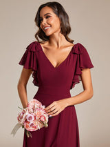 ever ROSY|Short Sleeves with Bowknot High Front Slit A-Line Chiffon Bridesmaid Dress