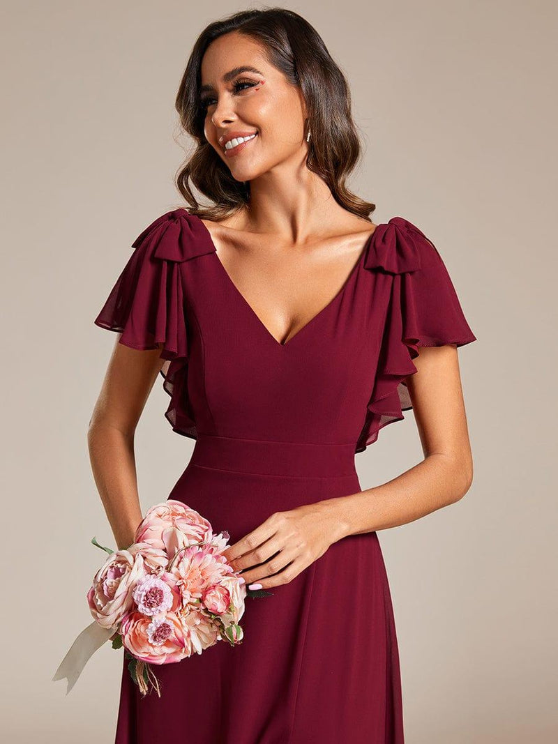 ever ROSY|Short Sleeves with Bowknot High Front Slit A-Line Chiffon Bridesmaid Dress