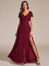 ever ROSY|Short Sleeves with Bowknot High Front Slit A-Line Chiffon Bridesmaid Dress