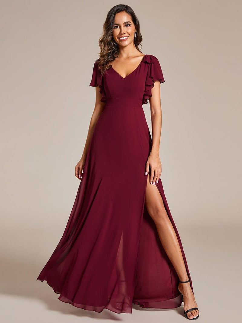 ever ROSY|Short Sleeves with Bowknot High Front Slit A-Line Chiffon Bridesmaid Dress