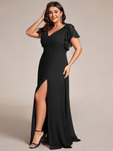 pretty ROSY|Plus Size Split Ruffles Sleeves with Bowknot Double V-neck Chiffon Bridesmaid Dress