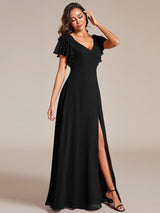 ever ROSY|Short Sleeves with Bowknot High Front Slit A-Line Chiffon Bridesmaid Dress