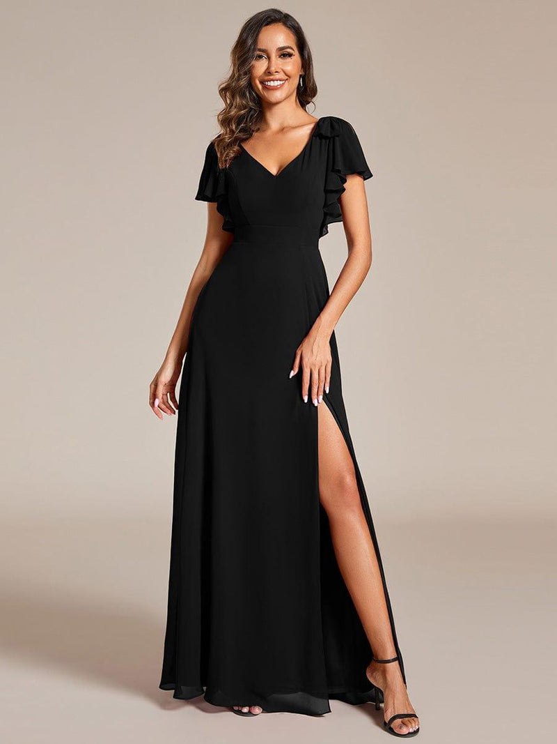 ever ROSY|Short Sleeves with Bowknot High Front Slit A-Line Chiffon Bridesmaid Dress