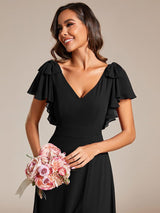 ever ROSY|Short Sleeves with Bowknot High Front Slit A-Line Chiffon Bridesmaid Dress