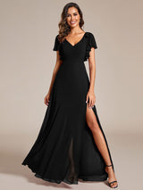 ever ROSY|Short Sleeves with Bowknot High Front Slit A-Line Chiffon Bridesmaid Dress