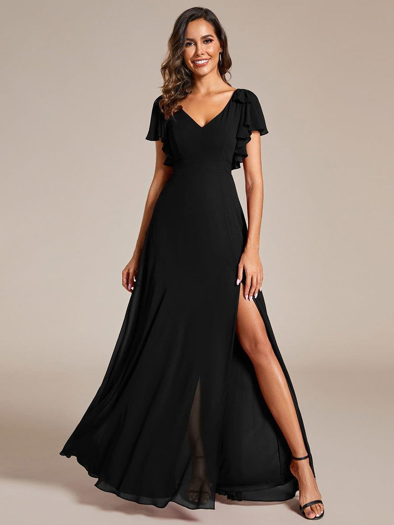 ever ROSY|Short Sleeves with Bowknot High Front Slit A-Line Chiffon Bridesmaid Dress