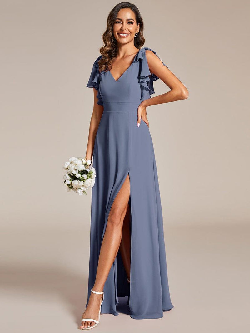 ever ROSY|Short Sleeves with Bowknot High Front Slit A-Line Chiffon Bridesmaid Dress