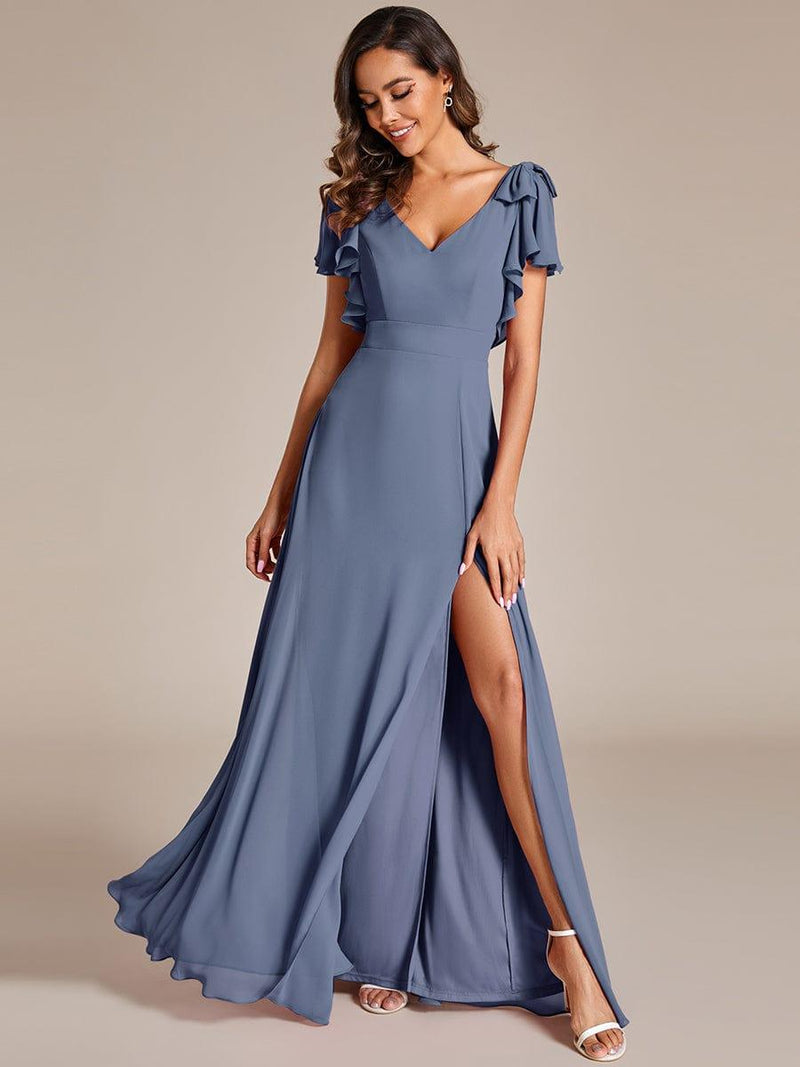 ever ROSY|Short Sleeves with Bowknot High Front Slit A-Line Chiffon Bridesmaid Dress