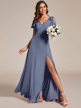 ever ROSY|Short Sleeves with Bowknot High Front Slit A-Line Chiffon Bridesmaid Dress
