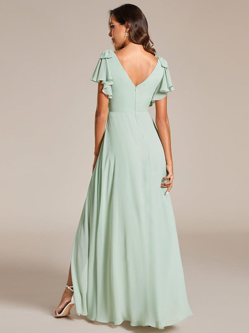 ever ROSY|Short Sleeves with Bowknot High Front Slit A-Line Chiffon Bridesmaid Dress