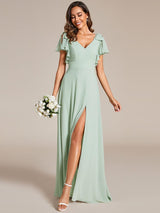 ever ROSY|Short Sleeves with Bowknot High Front Slit A-Line Chiffon Bridesmaid Dress