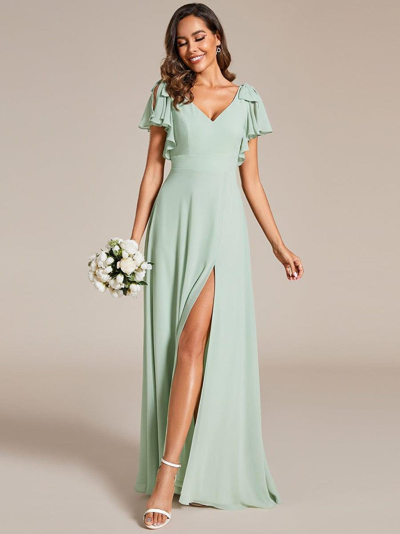 ever ROSY|Short Sleeves with Bowknot High Front Slit A-Line Chiffon Bridesmaid Dress