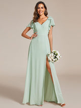 ever ROSY|Short Sleeves with Bowknot High Front Slit A-Line Chiffon Bridesmaid Dress