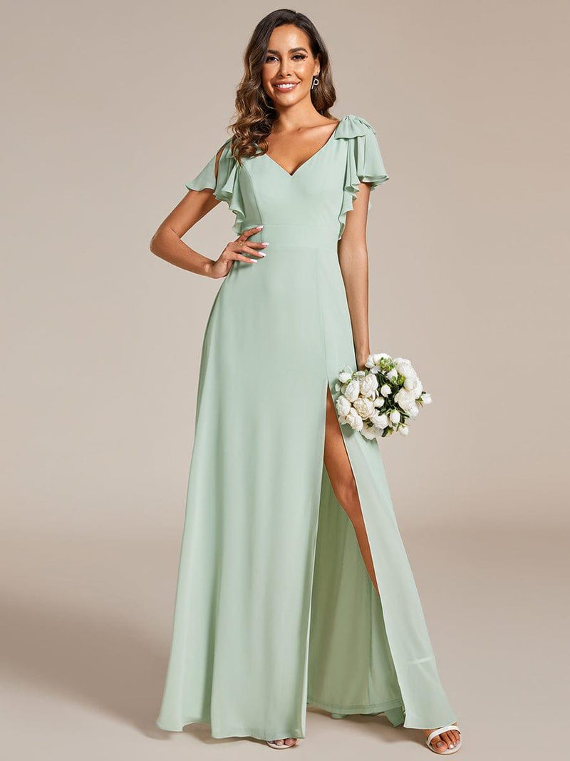 ever ROSY|Short Sleeves with Bowknot High Front Slit A-Line Chiffon Bridesmaid Dress