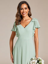 ever ROSY|Short Sleeves with Bowknot High Front Slit A-Line Chiffon Bridesmaid Dress