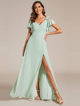 ever ROSY|Short Sleeves with Bowknot High Front Slit A-Line Chiffon Bridesmaid Dress