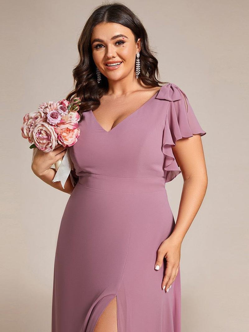 ever ROSY|Short Sleeves with Bowknot High Front Slit A-Line Chiffon Bridesmaid Dress
