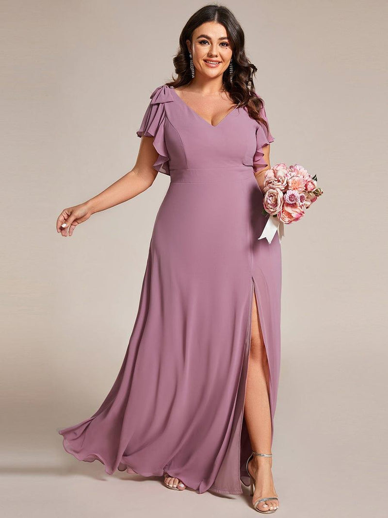 ever ROSY|Short Sleeves with Bowknot High Front Slit A-Line Chiffon Bridesmaid Dress
