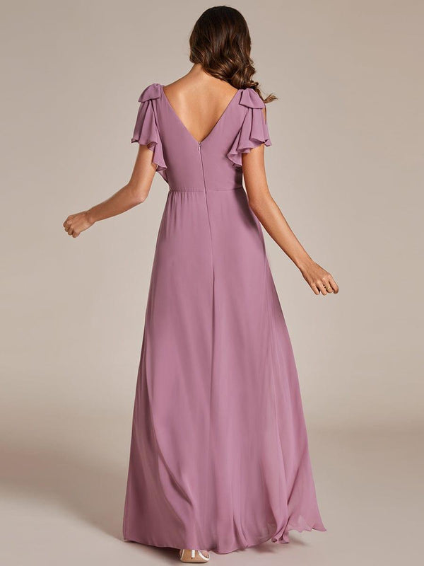 ever ROSY|Short Sleeves with Bowknot High Front Slit A-Line Chiffon Bridesmaid Dress