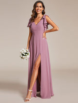 ever ROSY|Short Sleeves with Bowknot High Front Slit A-Line Chiffon Bridesmaid Dress
