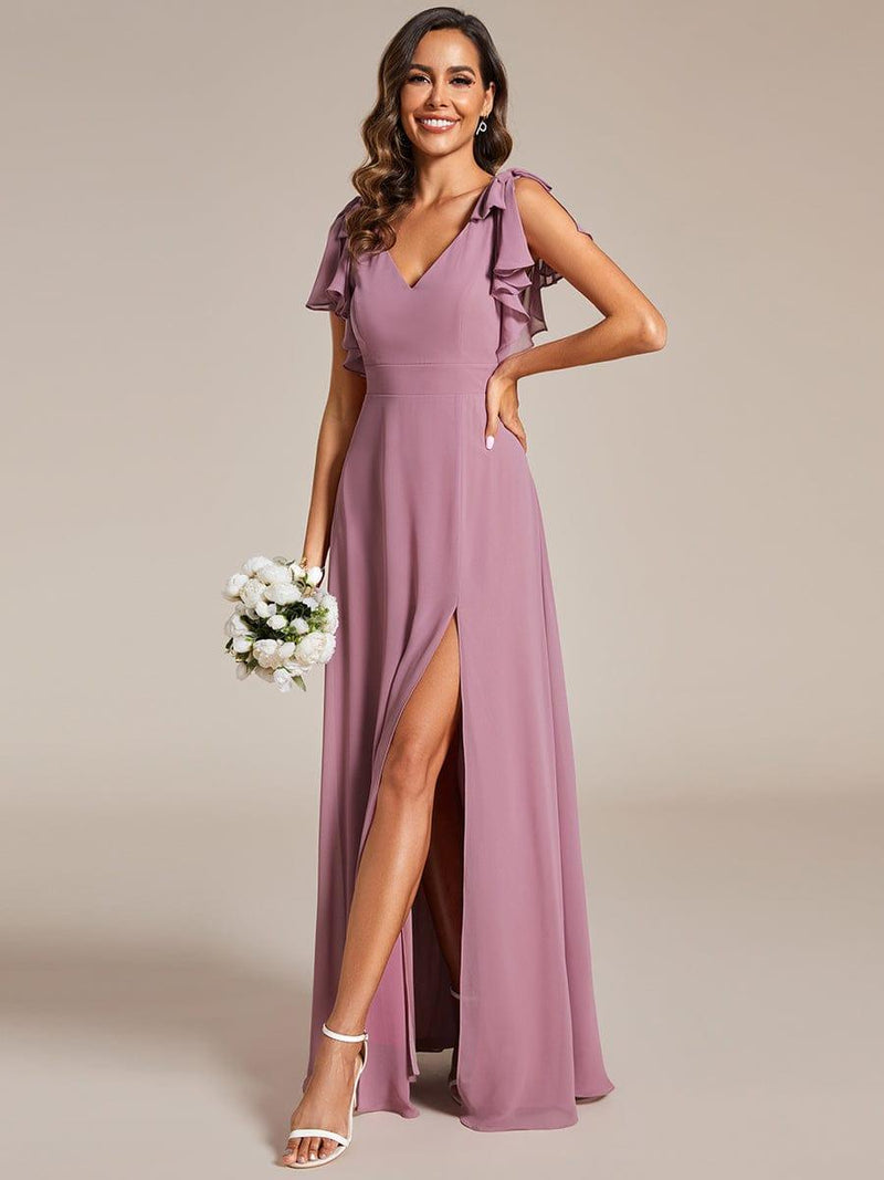 ever ROSY|Short Sleeves with Bowknot High Front Slit A-Line Chiffon Bridesmaid Dress