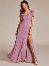 ever ROSY|Short Sleeves with Bowknot High Front Slit A-Line Chiffon Bridesmaid Dress