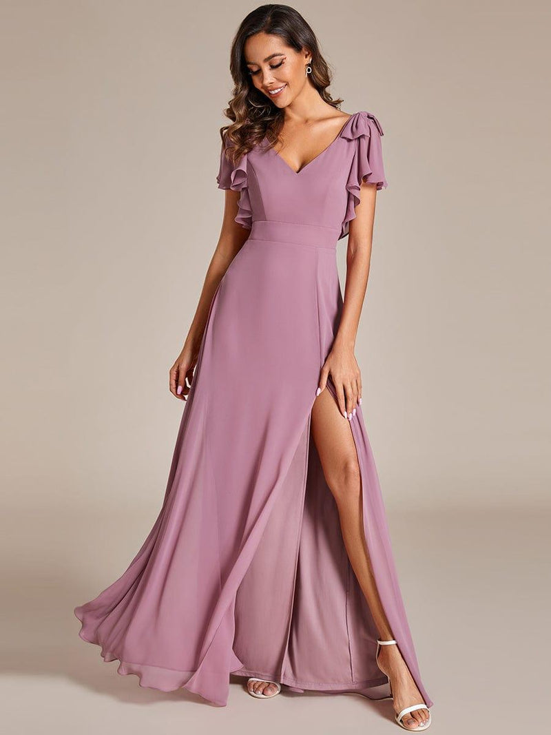 ever ROSY|Short Sleeves with Bowknot High Front Slit A-Line Chiffon Bridesmaid Dress