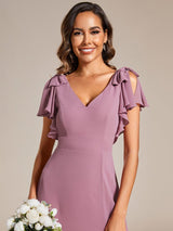 ever ROSY|Short Sleeves with Bowknot High Front Slit A-Line Chiffon Bridesmaid Dress