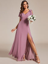 ever ROSY|Short Sleeves with Bowknot High Front Slit A-Line Chiffon Bridesmaid Dress