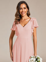 ever ROSY|Short Sleeves with Bowknot High Front Slit A-Line Chiffon Bridesmaid Dress