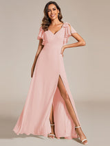 ever ROSY|Short Sleeves with Bowknot High Front Slit A-Line Chiffon Bridesmaid Dress