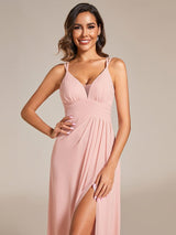 Deep V-Neck High Front Slit Spaghetti Strap Back X-Cross Bridesmaid Dress