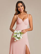 Spaghetti Strap V-Neck Chiffon Bridesmaid Dress with High Slit