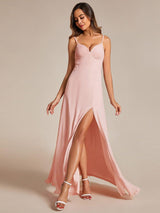 Spaghetti Strap V-Neck Chiffon Bridesmaid Dress with High Slit