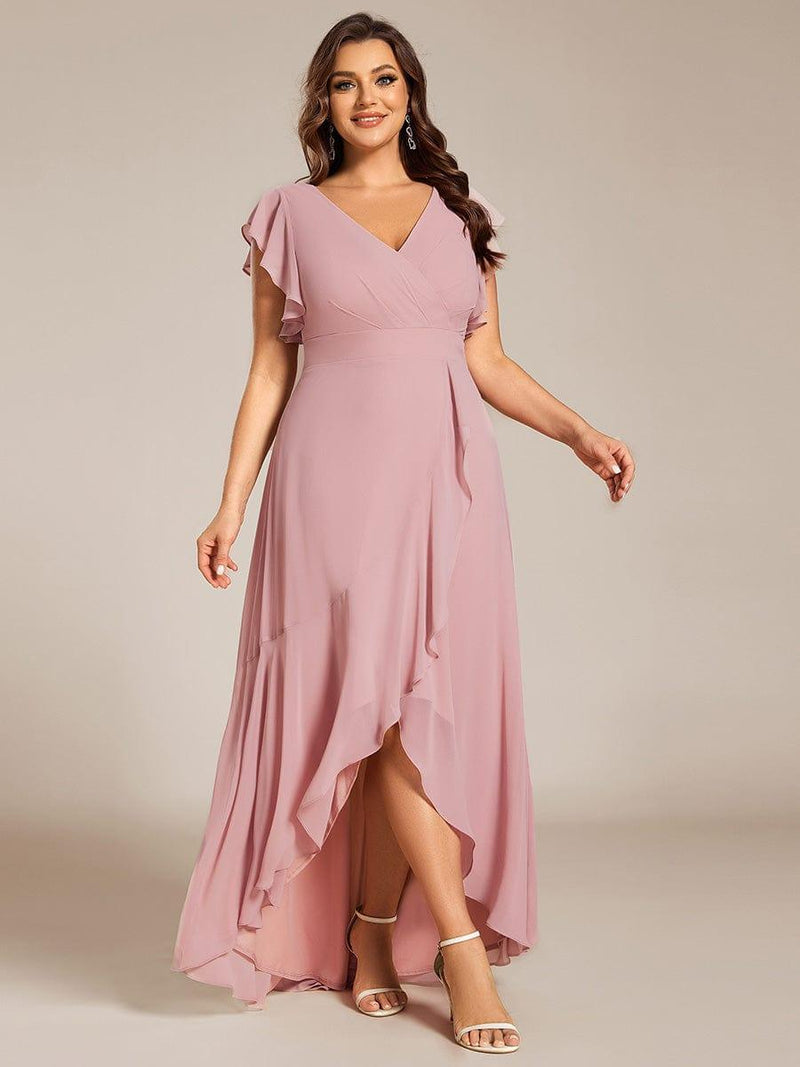 Celia | Plus Size A-Line Chiffon High-Low Bridesmaid Dress with Ruffled Sleeve