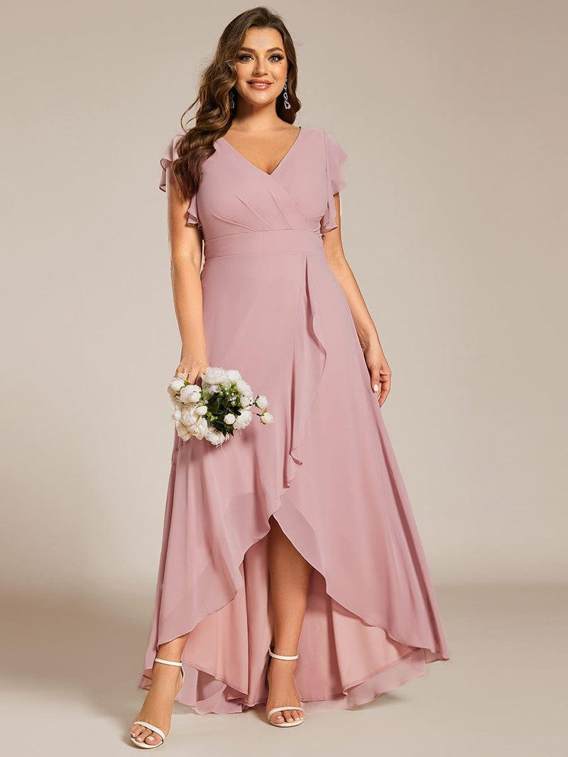 Celia | Plus Size A-Line Chiffon High-Low Bridesmaid Dress with Ruffled Sleeve