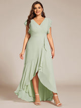 Celia | Plus Size A-Line Chiffon High-Low Bridesmaid Dress with Ruffled Sleeve
